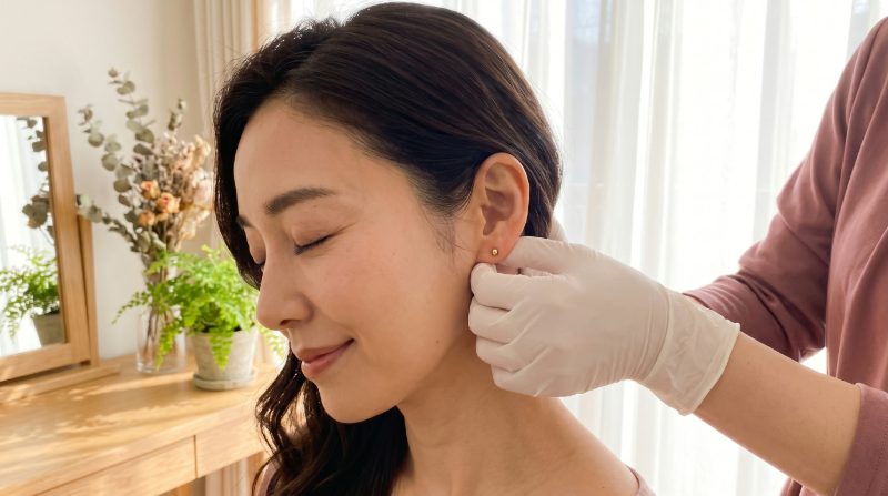 耳ツボの施術を受けているところ