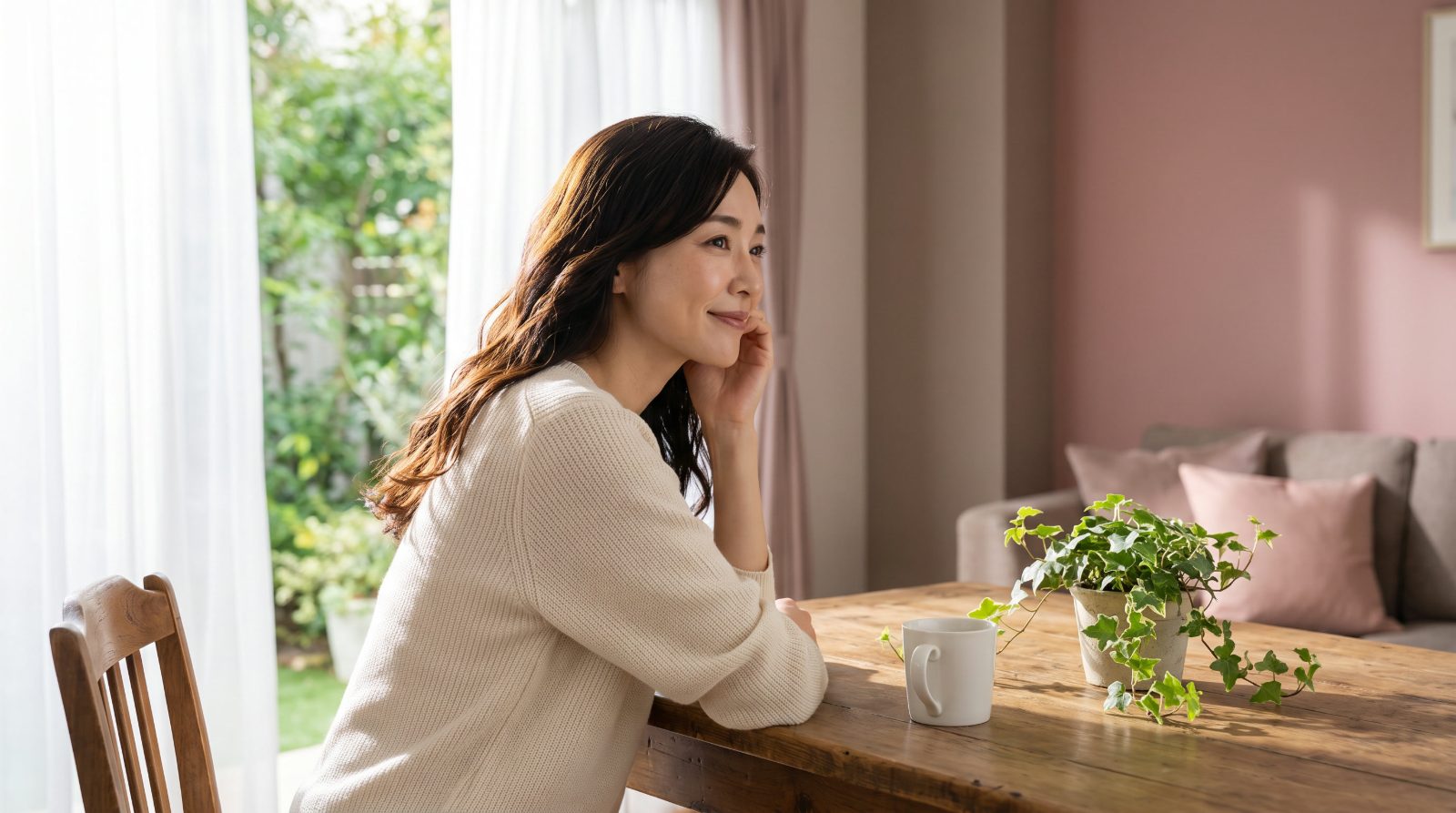 窓辺で頬づえをつき、考えごとをしている50代の女性
