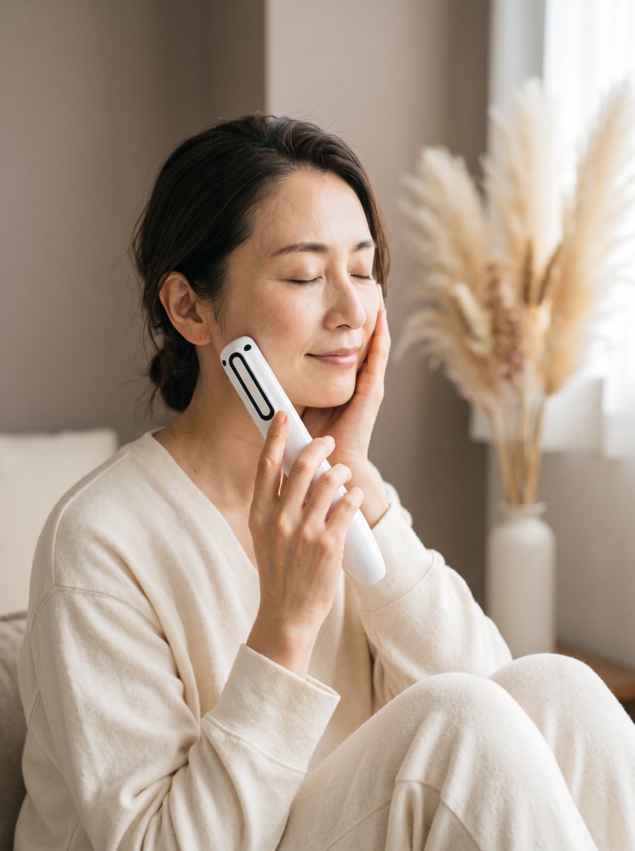 e-miracle を頬に当てる女性
